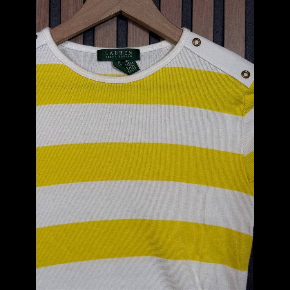 Lauren Ralph Lauren Top Small Womens Yellow Striped Perforated Shoulder Ribbed - Picture 6 of 7
